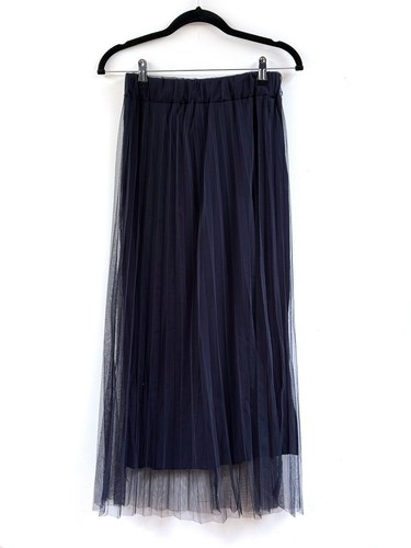 Pleated long tulle skirt - tulle, navy