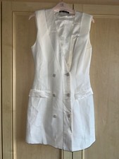 ZARA WHITE PEARL BUTTON SLEEVELESS LONG JACKET BLAZER DRESS SIZE SMALL S