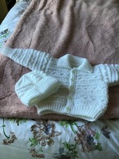 Hand knitted White baby boys jacket and hat set 3 months