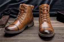 Men’s Retro PU Leather Boots Brown Lace-Up Ankle Zip Casual Work Shoes