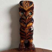 Vintage Carved Maori Tiki Totem Wooden Ornament Abalone Shell Eyes 19cm Tall