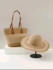 Set of Ladies Vacation Summer Beach Stripe Straw Hat and Bag, Beige