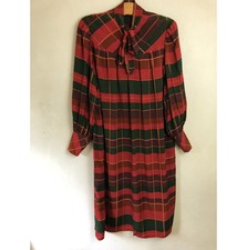 Vintage Umi Collection Pure silk dress 8 10 Anne Crimmins Red Green Pussy bow 