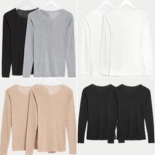 M&S Womens 2 Pack Thermal Tops Ladies Long Sleeve Pointelle Warm Vest Size 6-28
