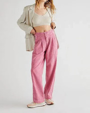 Free People Thin Line Straight Chinos UK 16 Pink Linen High Waist