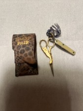 MINIATURE ANTIQUE TINY STORK SCISSORS & PEN KNIFE IN LEATHER POUCH GORGEOUS