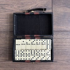 Vintage 28 Piece Double Six Domino Spinner Travel Set in Faux Leather Carry Case