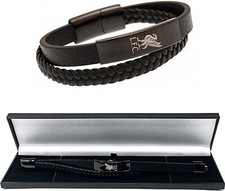 LIVERPOOL FC BLACK IP LEATHER BRACELET LFC CREST PLATE TWIN GIFT BOXED