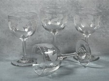 A Set of FOUR Antique English Victorian / Edwardian Etched Wine Glasses