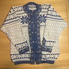 Vintage Voss Blue White Norwegian New Wool Knit Cardigan Nordic Fair Isle Medium