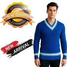 Mens Classic Cable Knit Cricket Jumper – V-Neck Sweater with Striped Trim