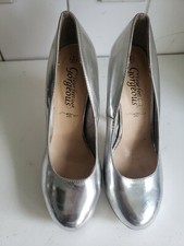 NEW LOOK UK 4 EU 37 WOMENS SILVER FAUX LEATHER PLATFORM HEELS COURT PUMPS SHOES