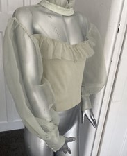 Zara Sage Green Ruffle Drill Detail Occasion Puff Sleeve Top Small