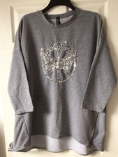 Ladies XXL top 3/4 Sleeves Grey With Silver Front Decoration jumper smock 