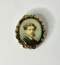 Vintage Oval Gold Tone Metal Brooch with Resin Based Picture of Young Man