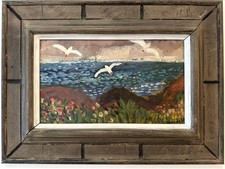 Vintage Swedish oil painting on board - Birds by the coast - Coastal Seascape. 