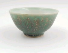 Japanese Tea Bowl Tenmoku Oil Drop Type Glaze Porcelain Green 