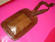 Leather luggage identity ID label tag, clear panel strap 1950s/60s? vintage mend