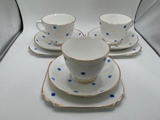 VINTAGE PHOENIX T F & S LTD BONE CHINA BLUE POLKADOT 3 TRIOS CUP SAUCER + PLATE
