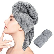 Large Microfiber Hair Towel with Elastic Strap Wrap Absorbent Hair Drying Towel