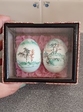 Vintage Chinese Painted Egg x2 Case Ornament Flower Bird Glass Wood Oriental (O)