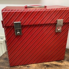 Vintage Striped Red Vinyl Record Storage Box LP 12" Carry Case 1980s