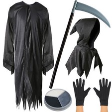 BOYS GRIM REAPER FANCY DRESS COSTUME HALLOWEEN OUTFIT SCYTHE FACEPAINT GLOVES
