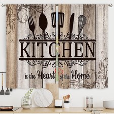 Retro Farmhouse Kitchen Curtains Short Small Funny Quotes Rustic Wooden Plank...