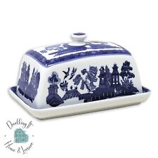 Blue Willow Covered Butter Dish Ceramic Tableware Antique Oriental Style 15.5cm