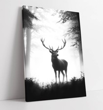 BLACK AND WHITE DEER IN FOREST  -FRAMED CANVAS WALL ART PICTURE PRINT