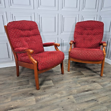 Pair 2 Mid Century Wooden Armchairs Red Upholstery High Back Vintage Retro Chair