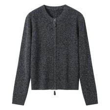 Women's 100% Wool Round Neck Zip-up Knitted Sweater-Dark Grey-Size M