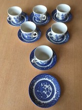 English Ironstone Willow Pattern Cups & Saucers - set of 6 - Blue White