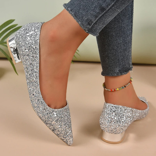 Silver sequin low - heels, shoes