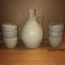 Muchelney Pottery Stoneware Jug & 6 Cups, Somerset England, Rustic Sake Set