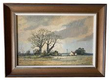Original Vintage Landscape Oil Painting on Canvas Board Suffolk Framed 11 x 15"