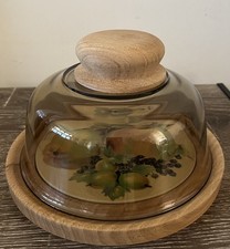 Vintage Arcoroc Smoked Glass Cheese Closh Bell Dome Lid Ceramic Plate Wood Base.