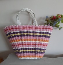 Vintage Woven retro large shopping basket flower handbag plastic bag pink stripe