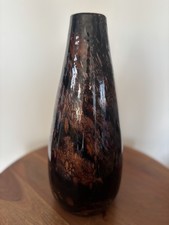 Brown Glazed Hand Blown Art Glass Vase Speckled Swirly Striped Tortoise Shell