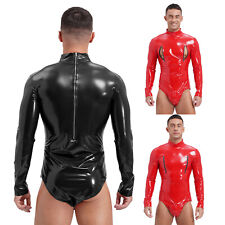 UK Men's PVC Leather Bodysuit Zipper Back Jumpsuit Long Sleeve Catsuit Clubwear