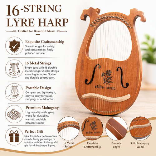 String wooden lyre harp - 16,