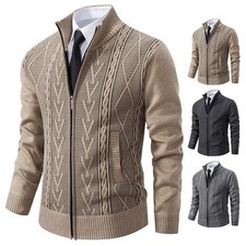 Mens Fleece Lined Cable Knitted Zip Up Cardigan Warm Winter Outerwear Jumper