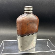 Hip Flask 5" Glass Bottle Under Brown Leather Vintage Stainless Steel Bottom Cup