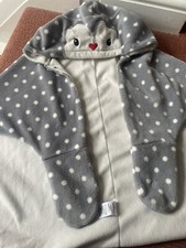Kids Grey Penguin Blanket Wearable Hooded Throw With Mittens