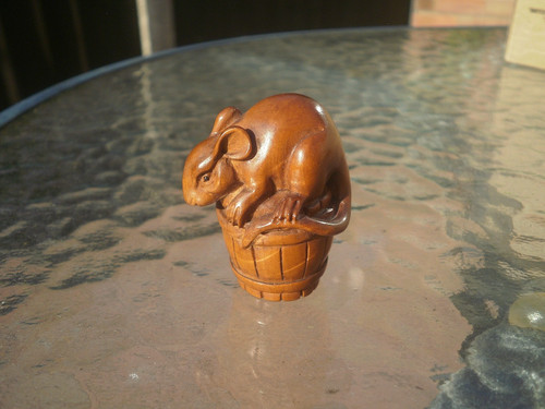 Hand carved wood netsuke mouse - carved,