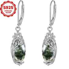 925 Sterling Silver Moss Agate Vine Filigree Drop Earrings in Gift Box