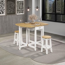 Corona White Oval Breakfast Drop Leaf Gateleg Table Set & 2 Stools, Pine Wax