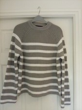 M&S Ladies Womens Cotton  Rich Jumper Medium Grey White Stripe BNWOT Crew Neck