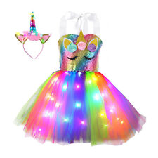 LED Girls Unicorn Flower Princess Tutu Dress Birthday Party Wedding Bridesmaid