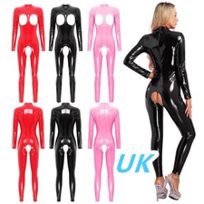 UK Women PVC Leather Crotchless Bodysuit Long Sleeve Mock Neck Jumpsuit Catsuit 
